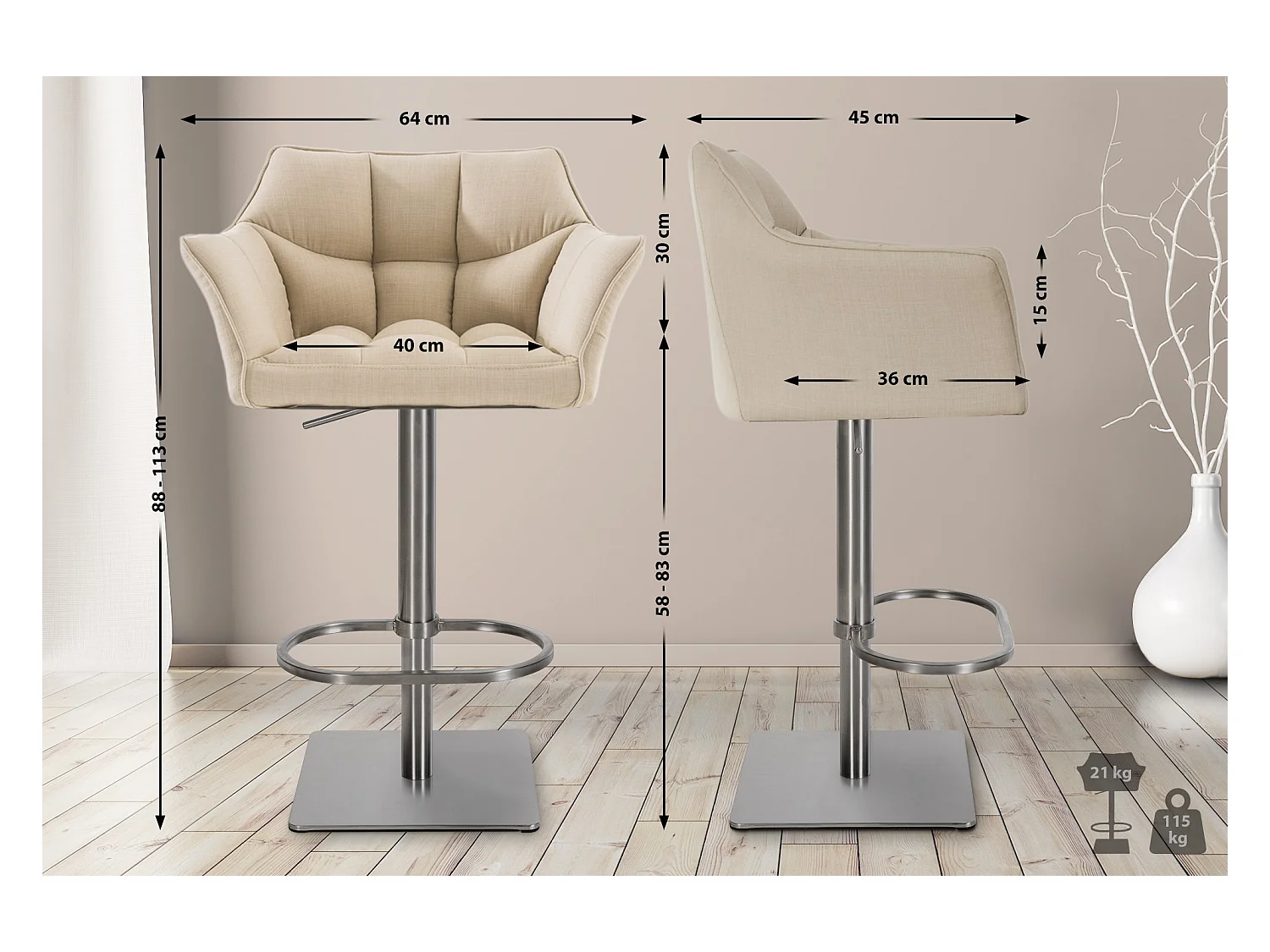 Barhocker - Stoff & edelstahl - creme - Damaso