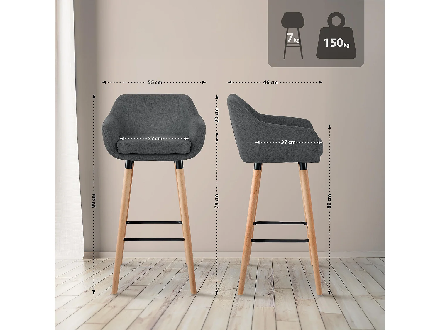 Lot de 2  Tabouret de bar - Tissu - Gris foncé - Grant