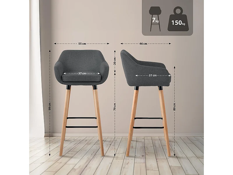 Lot de 2  Tabouret de bar - Tissu - Gris foncé - Grant