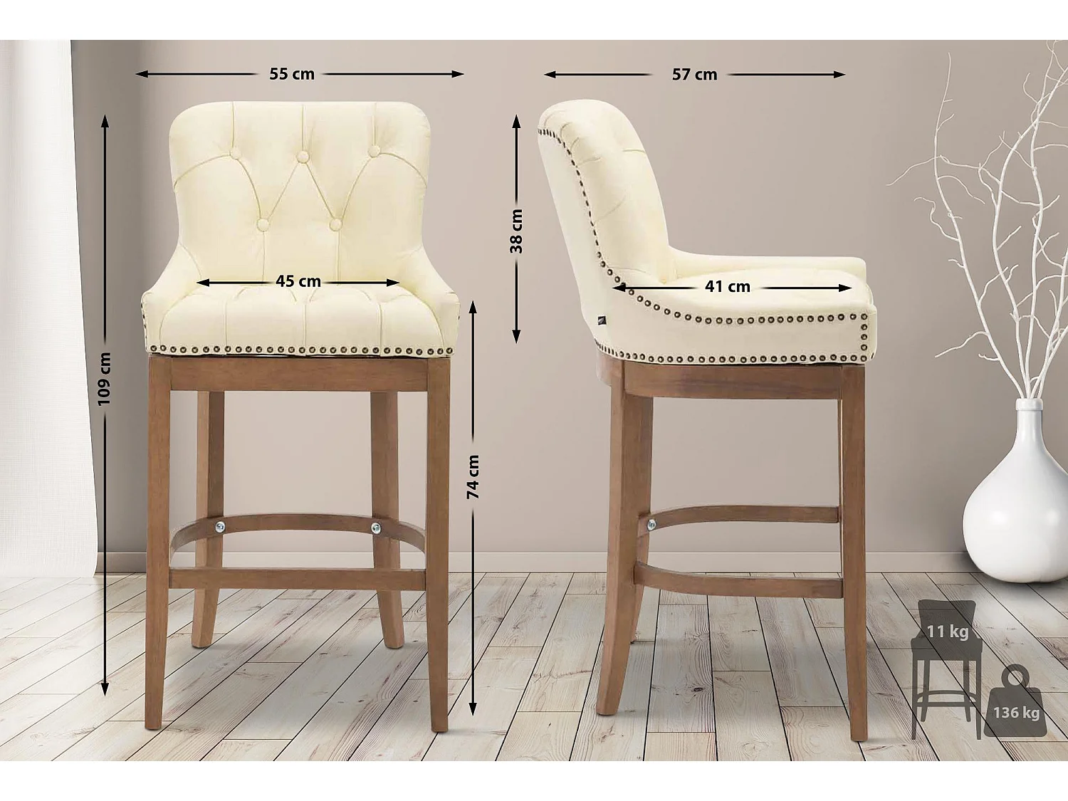 Tabouret de bar - Véritable cuir & Bois - Crème - Lakewood