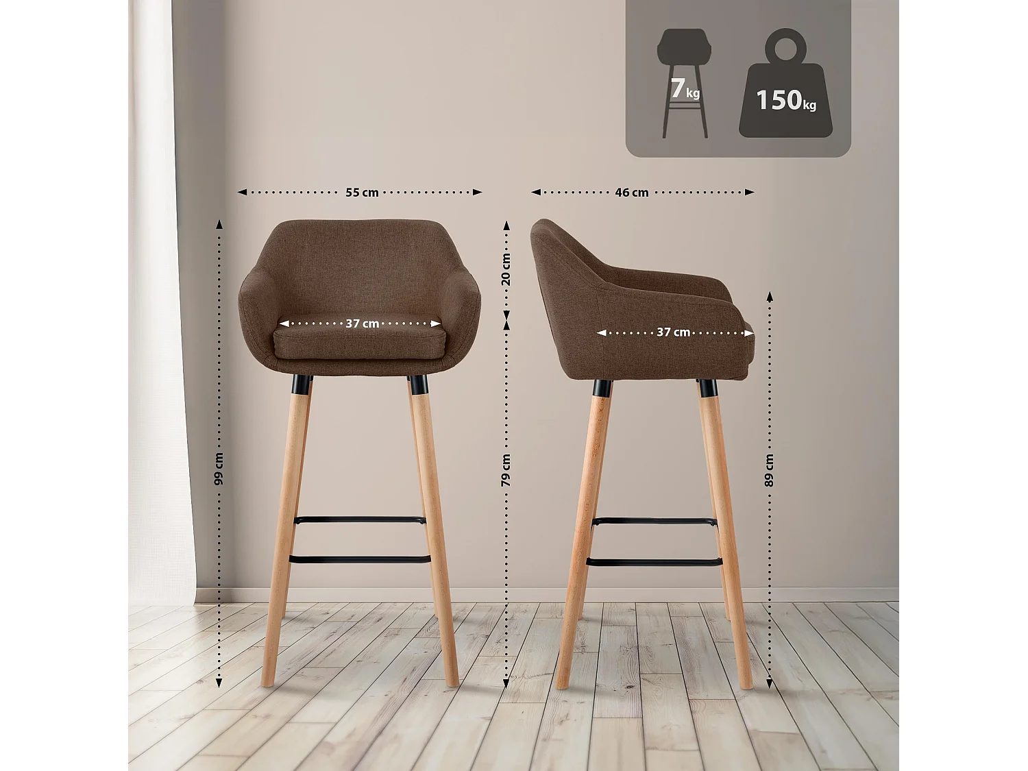 Lot de 2  Tabouret de bar - Tissu - Marron - Grant