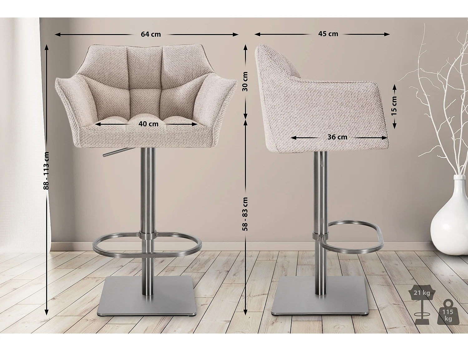 Tabouret de bar - Tissu & Acier inoxydable - Ivoire - Damaso
