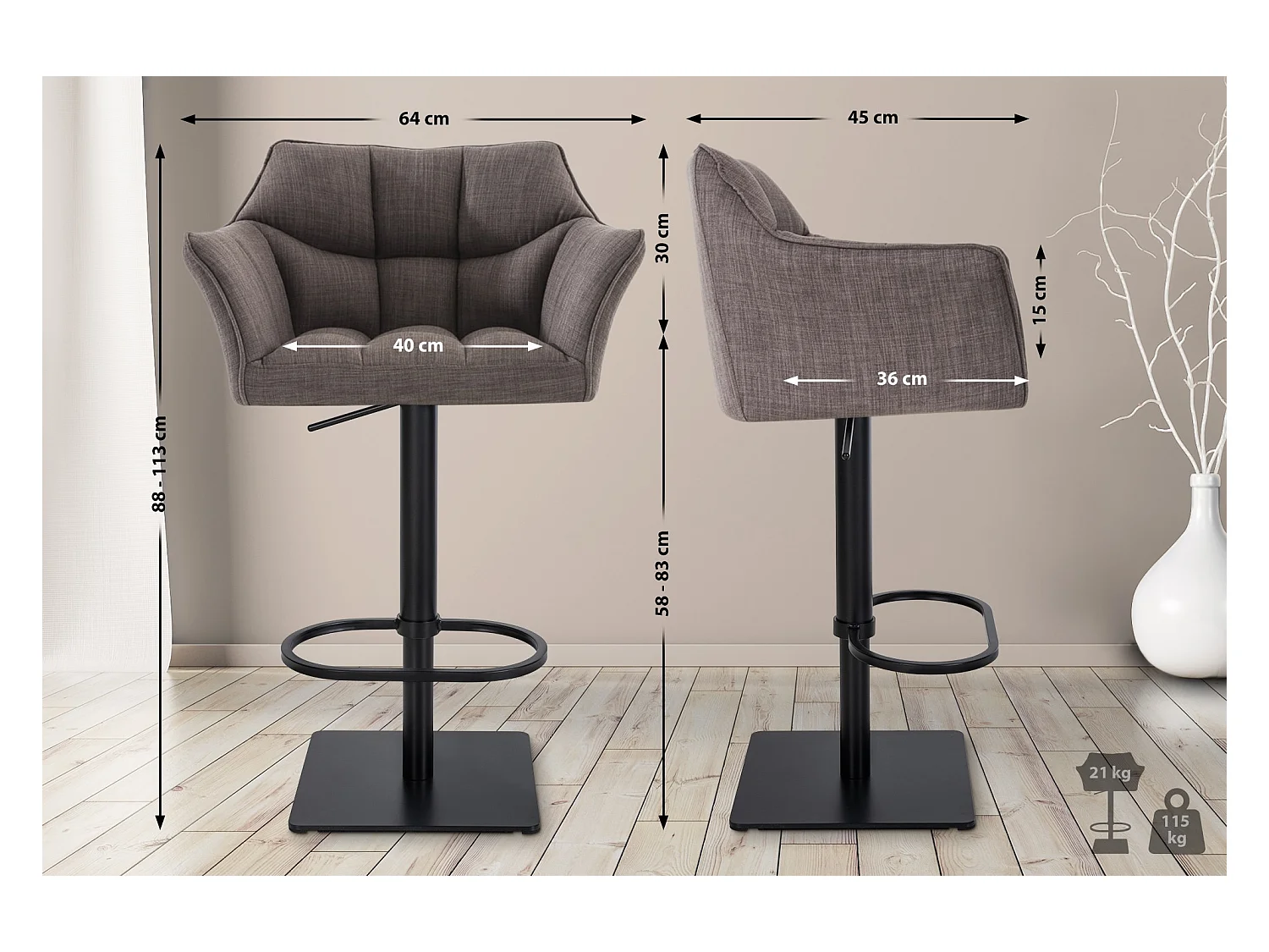 Barhocker - Stoff & schwarz - grau - Damaso