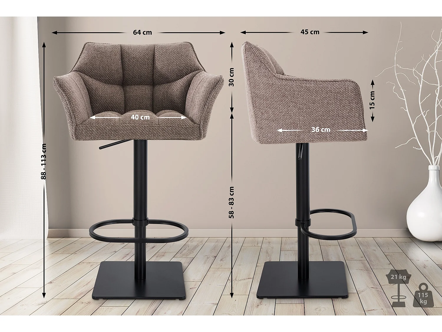 Tabouret de bar - Tissu & Noir - Marron terre - Damaso