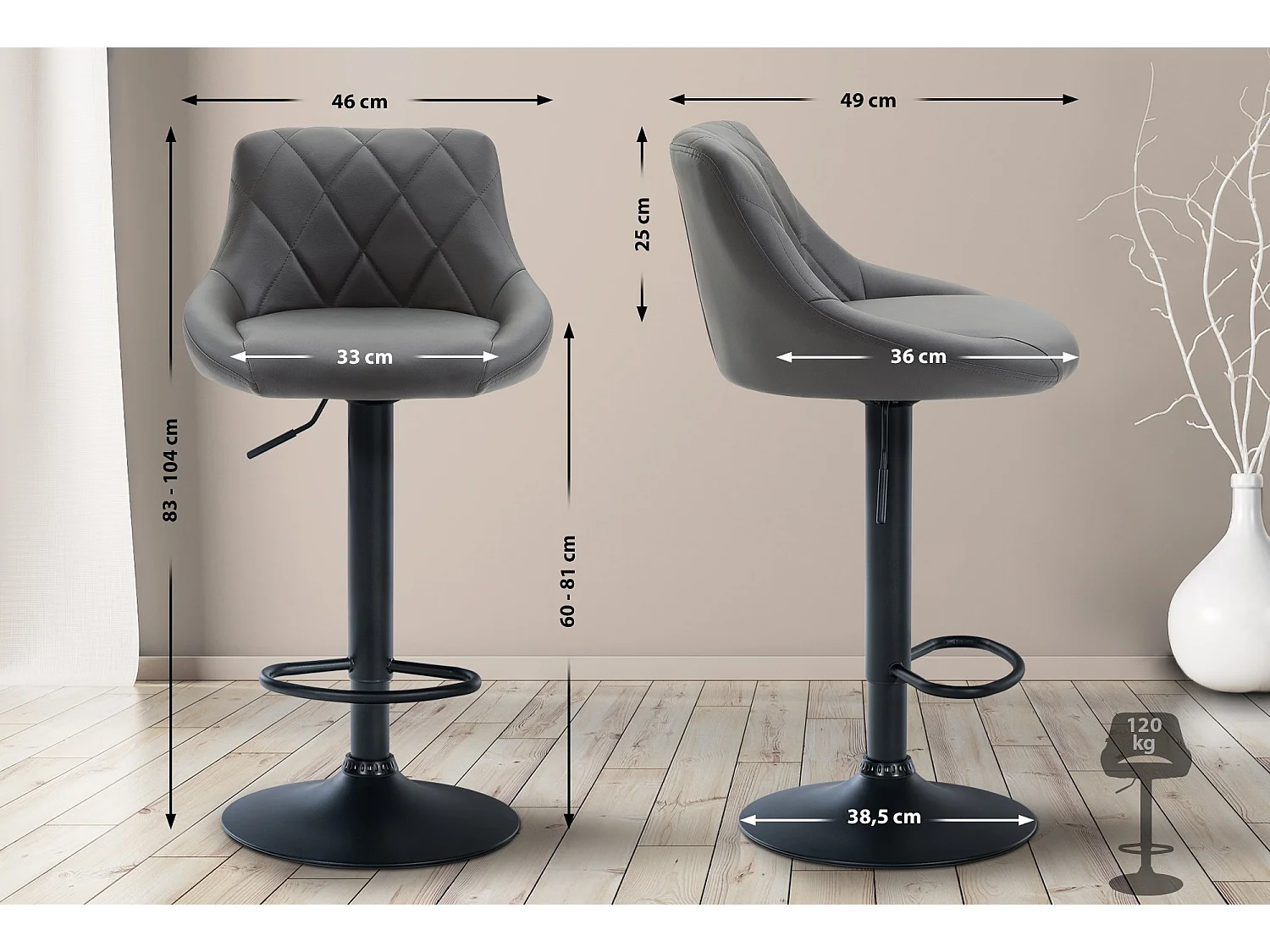 Tabouret de bar - Similicuir & Noir - Gris - Lazio