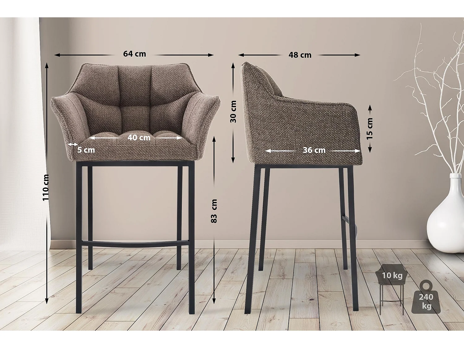 Tabouret de bar - Tissu & Noir - Marron terre - Damaso