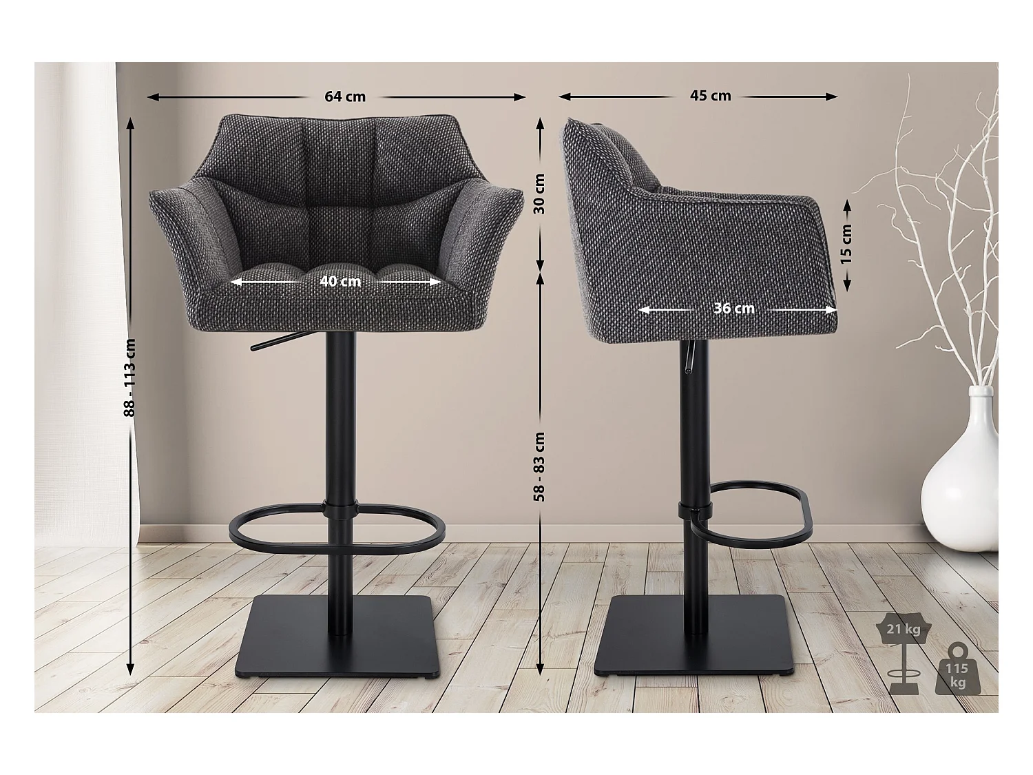 Barkruk - Stof & zwart - titanium grijs - Damaso