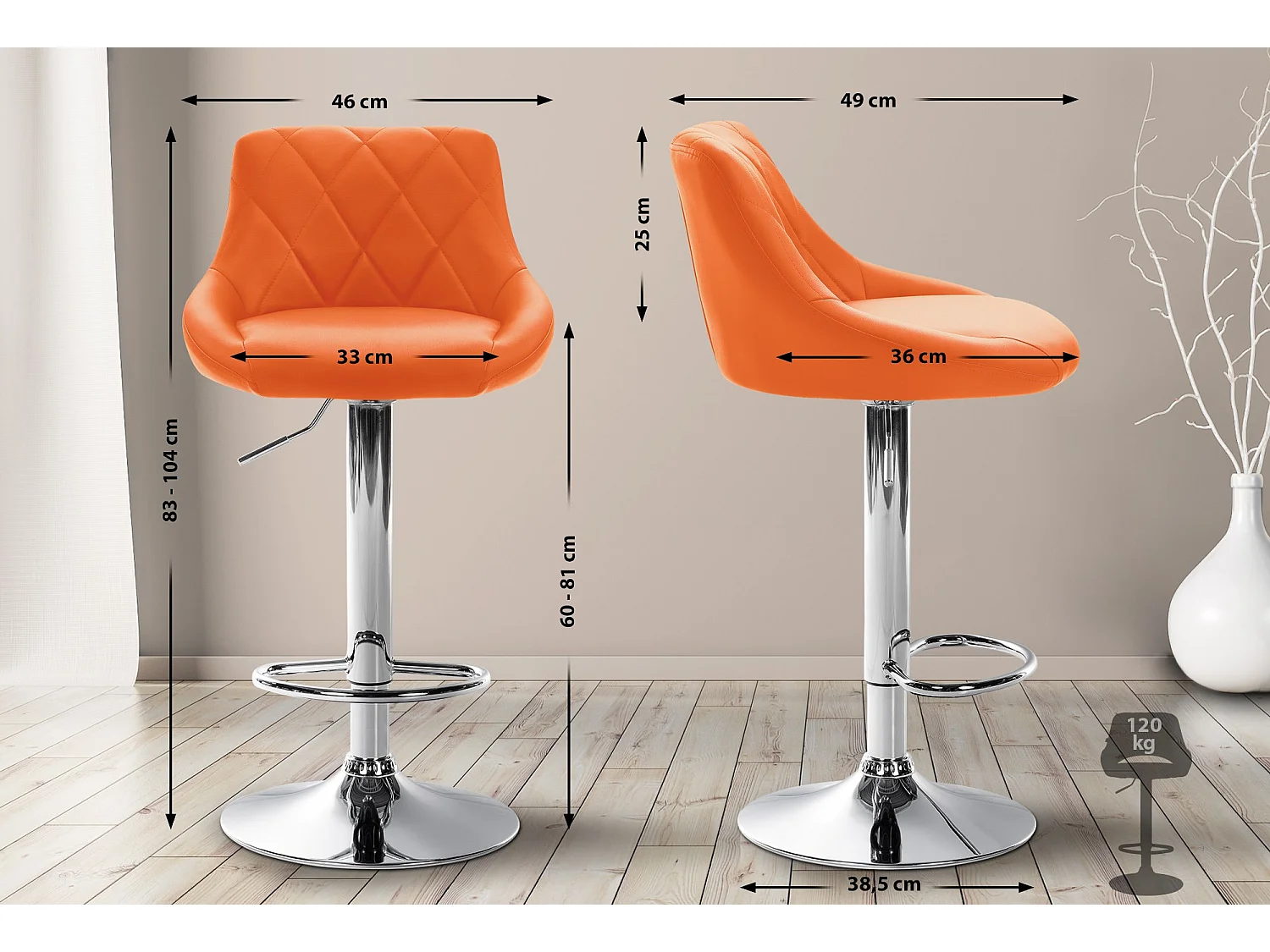 Tabouret de bar - Similicuir & Chrome - Orange - Lazio