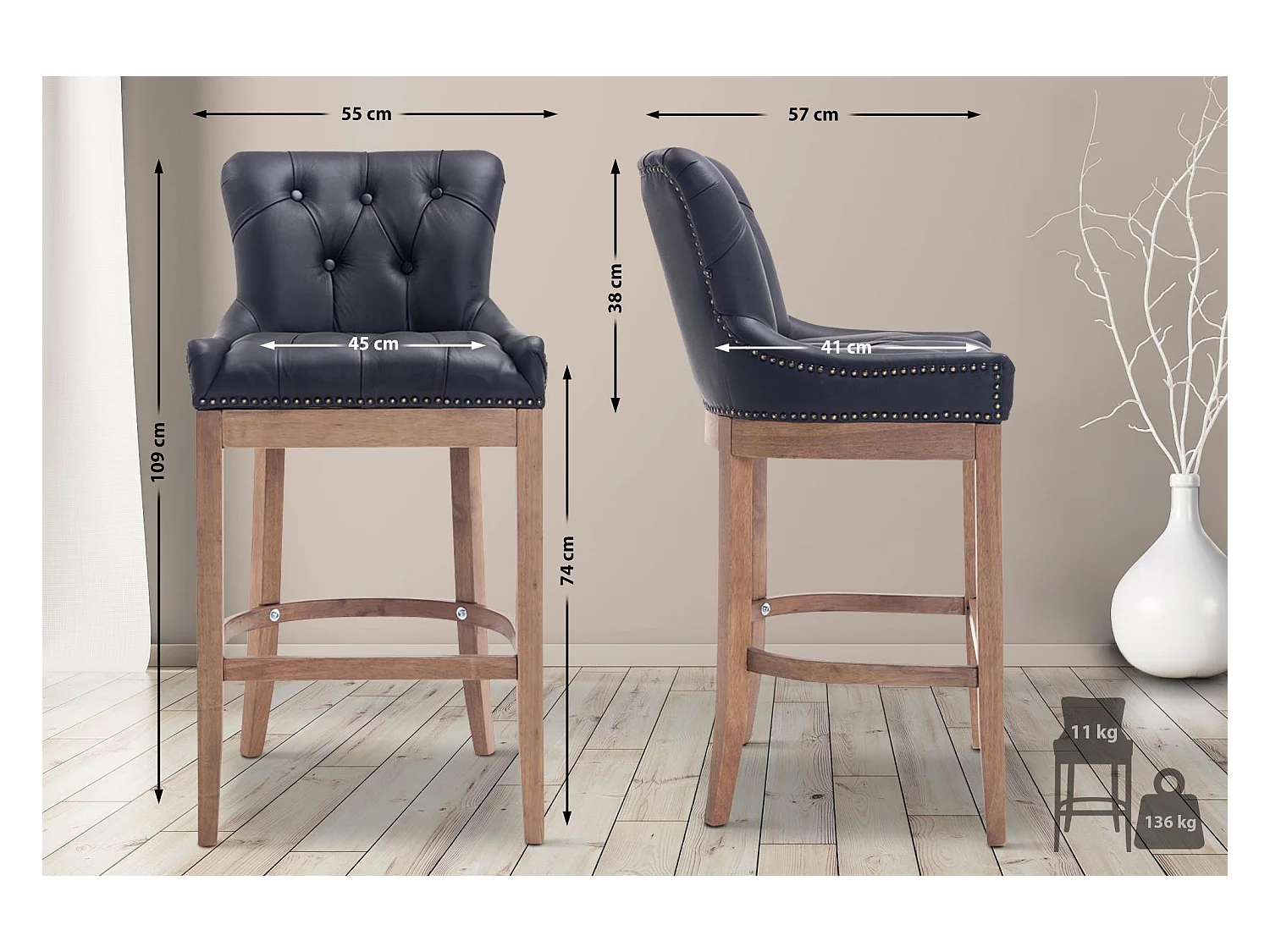 Barhocker - Echtleder & Holz - schwarz - Lakewood