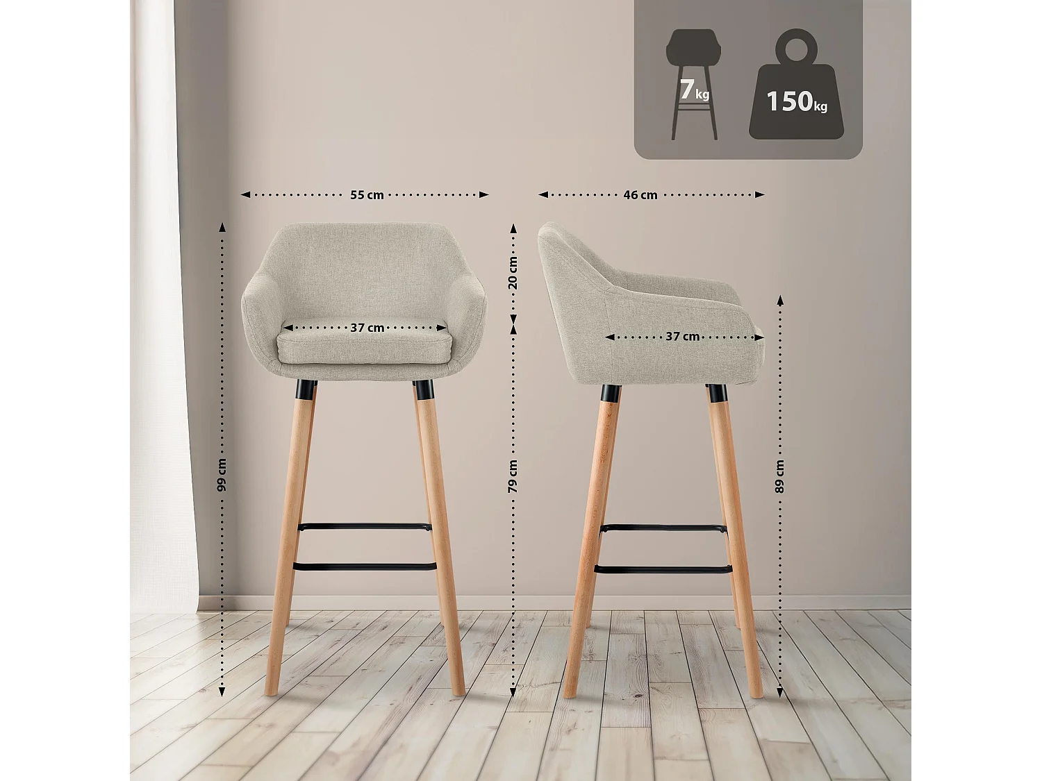 Tabouret de bar - Tissu & Noir - Crème - Grant