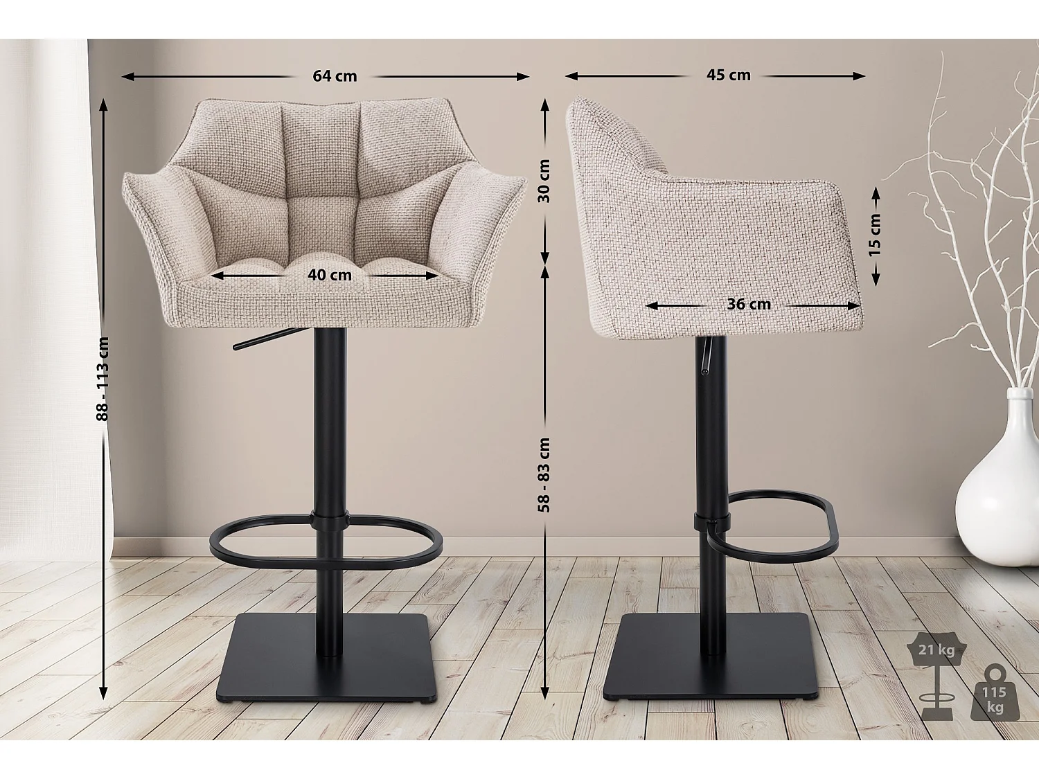 Tabouret de bar - Tissu & Noir - Ivoire - Damaso