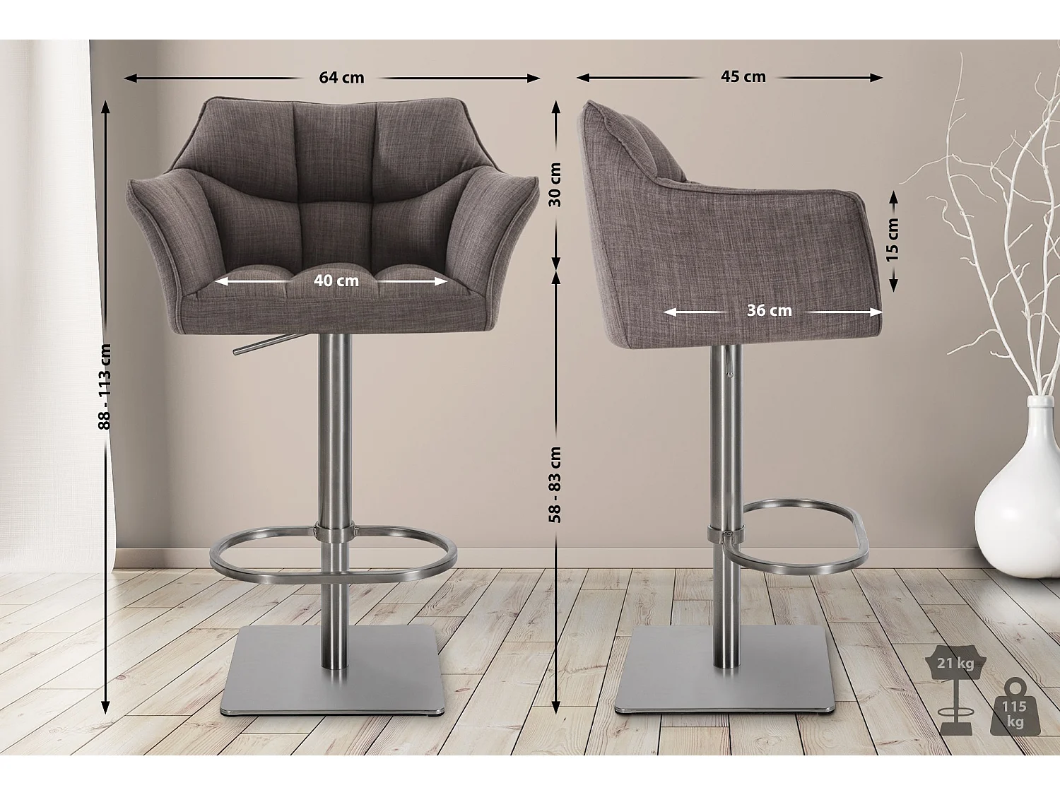 Tabouret de bar - Tissu & Acier inoxydable - Gris - Damaso