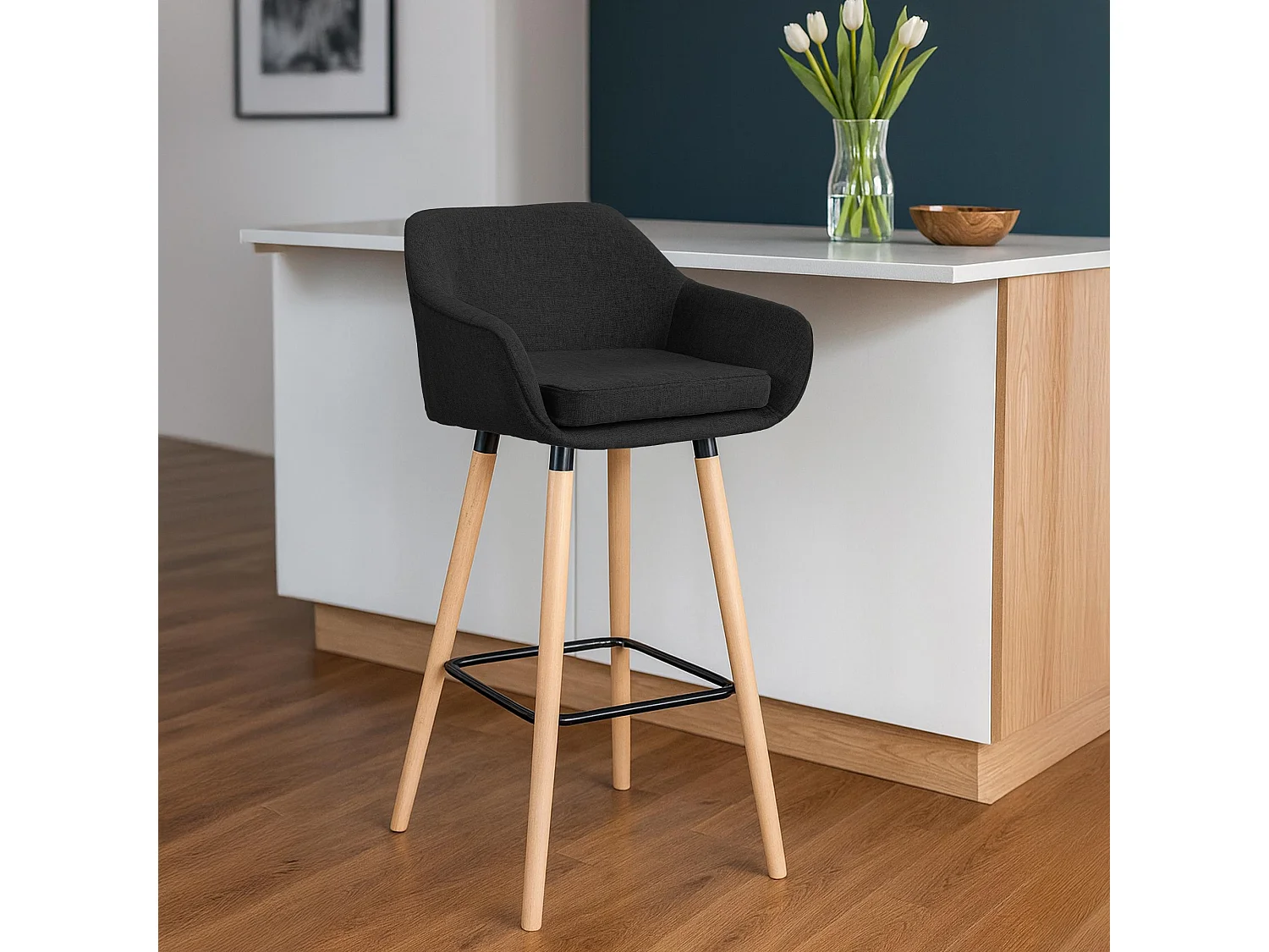 Tabouret de bar - Tissu - Noir - Grant
