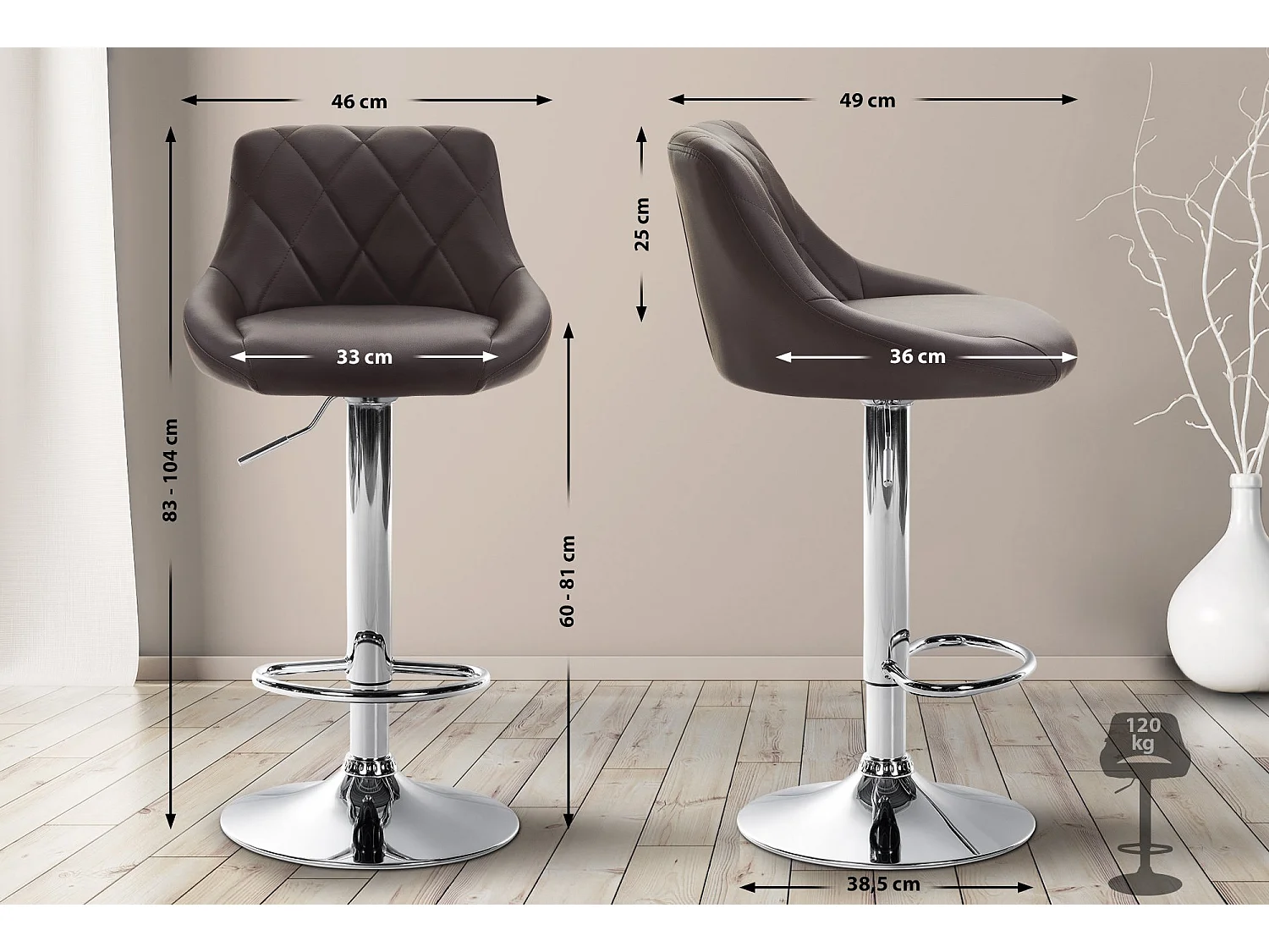 Tabouret de bar - Similicuir & Chrome - Marron - Lazio