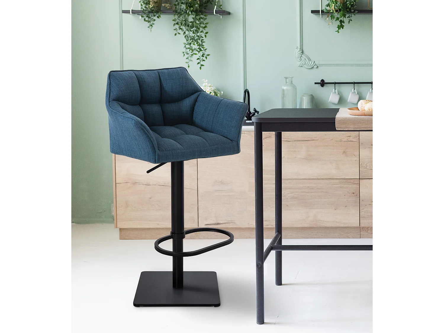 Tabouret de bar - Tissu & Noir - Bleu - Damaso
