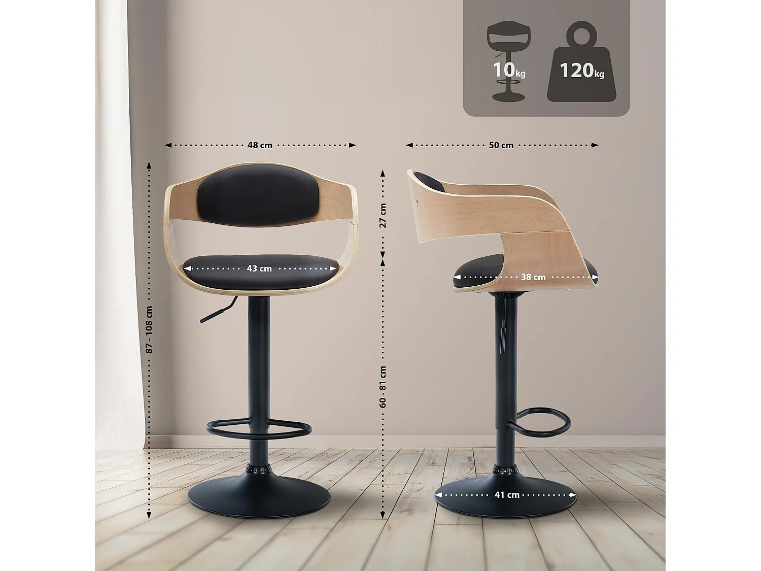 Tabouret de bar - Similicuir - Nature / Noir - Kingston