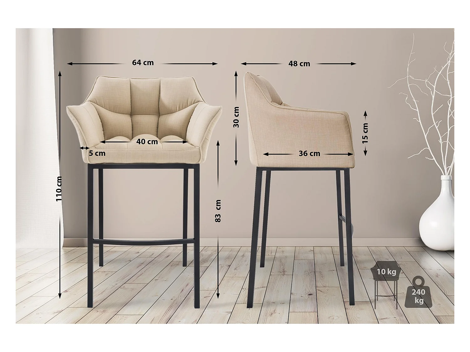 Barkruk - Stof & zwart - creme - Damaso