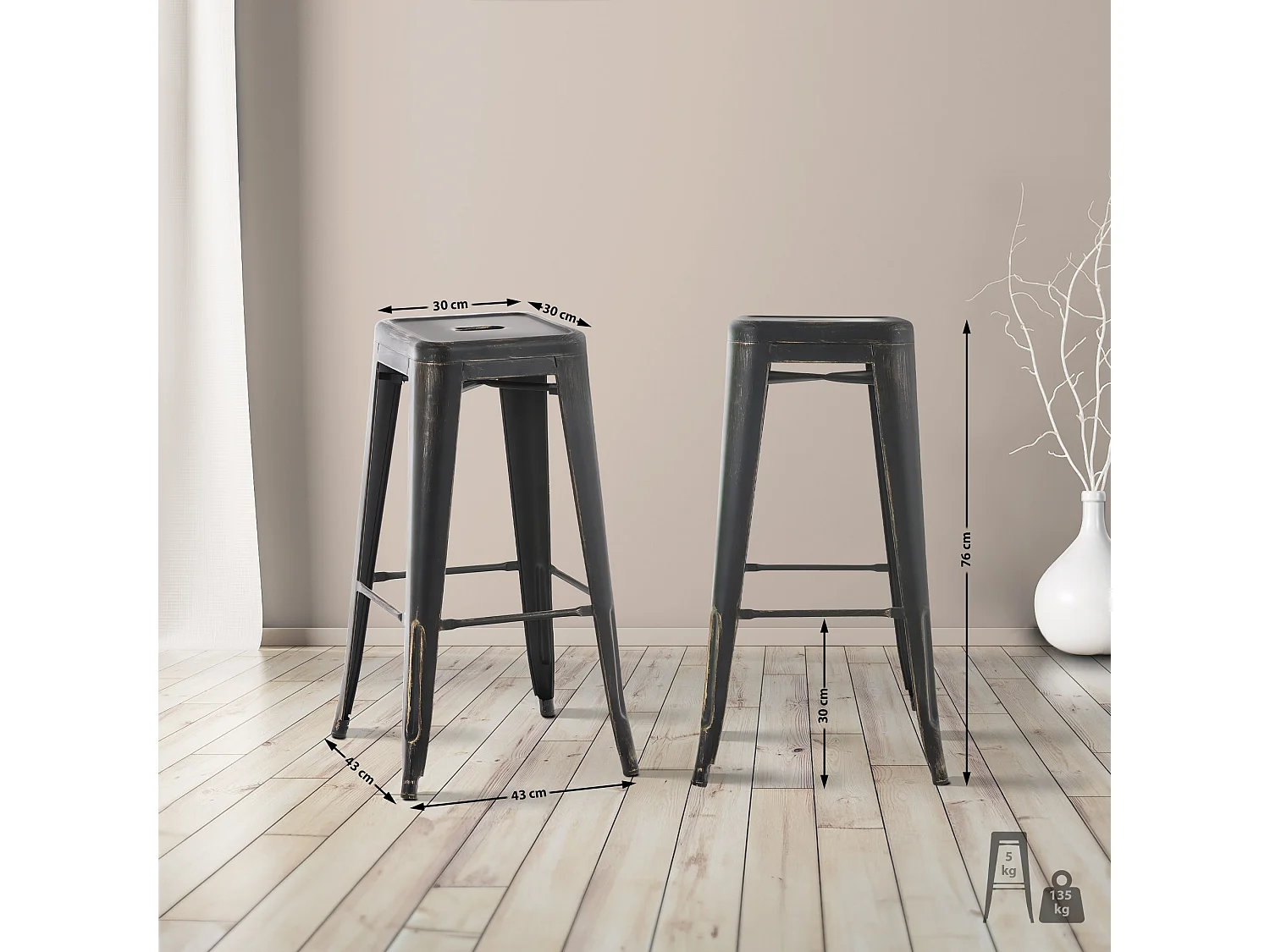 2er Set Barhocker - Metall - schwarz-gold - Joshua