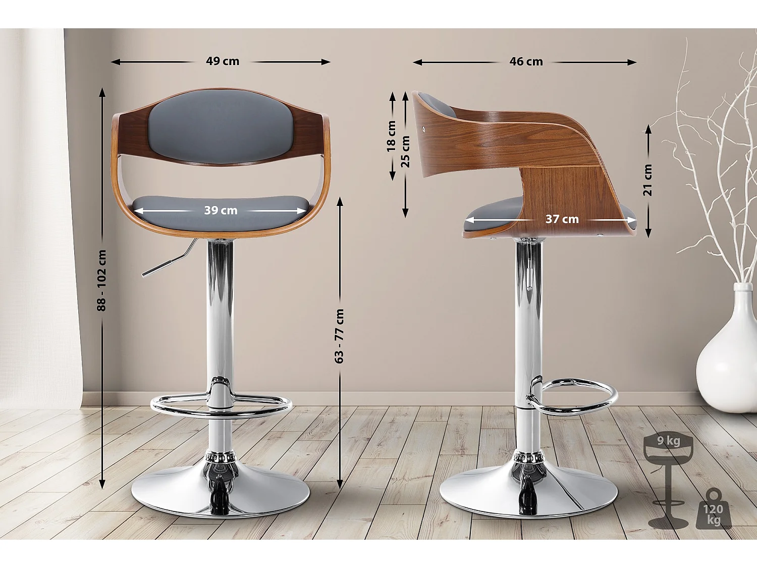 Tabouret de bar - Similicuir - Noyer / Gris - Kingston