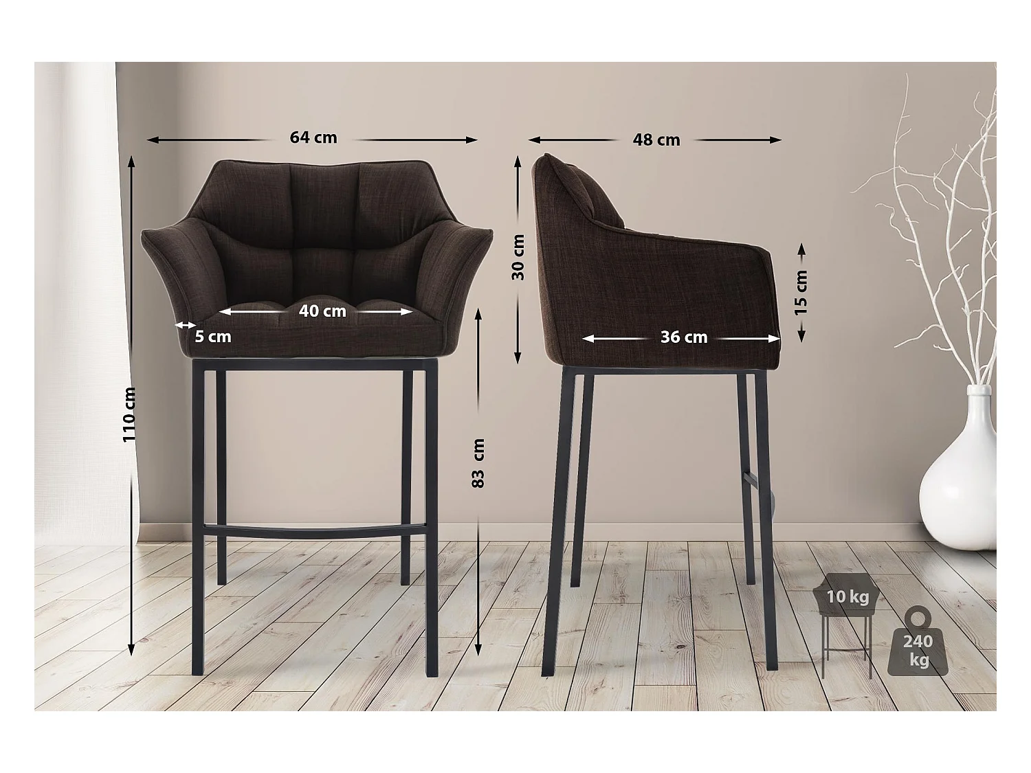 Tabouret de bar - Tissu & Noir - Marron - Damaso