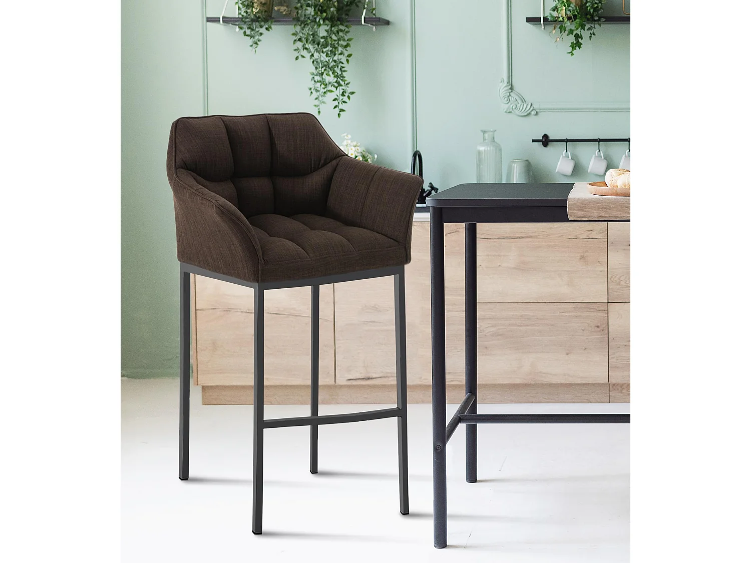 Tabouret de bar - Tissu & Noir - Marron - Damaso