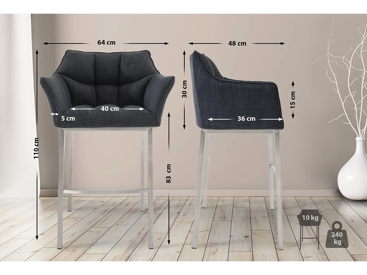 Barhocker - Stoff & edelstahl - dunkelgrau - Damaso