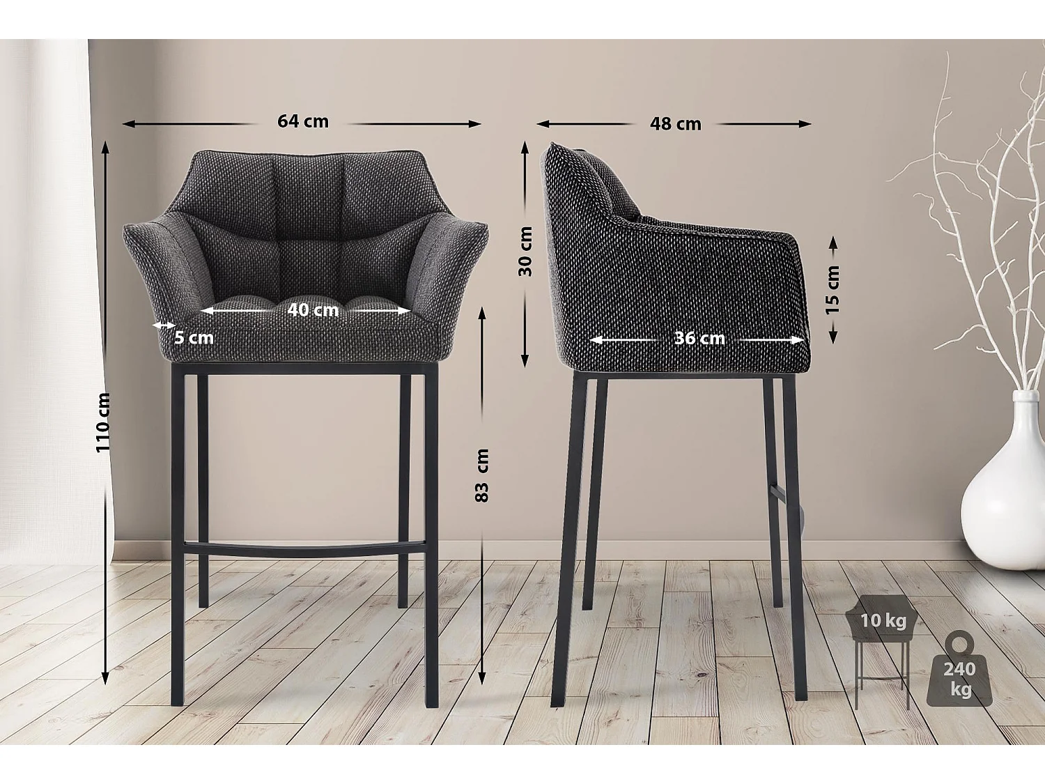 Tabouret de bar - Tissu & Noir - Gris titane - Damaso