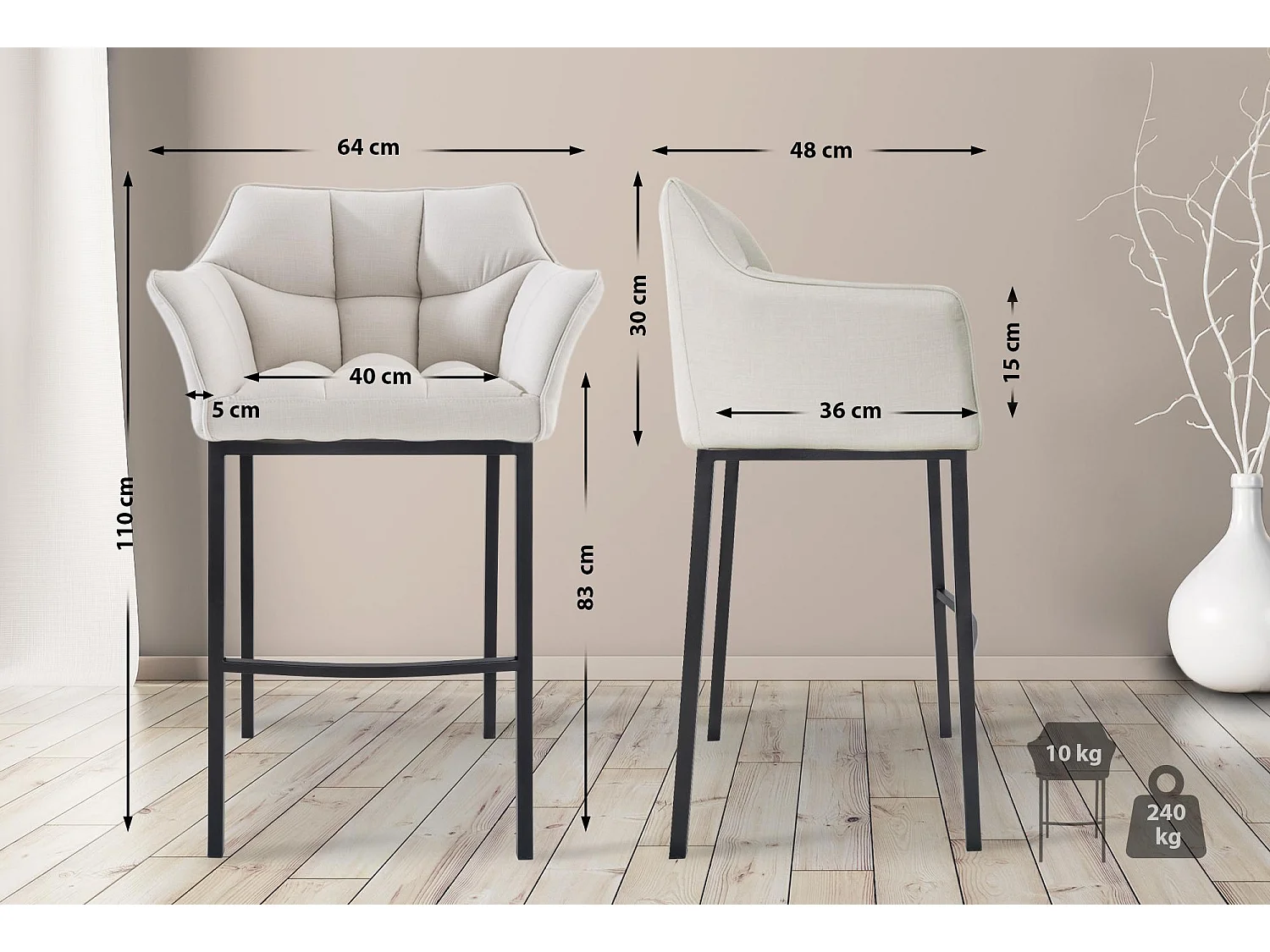 Tabouret de bar - Tissu & Noir - Blanc - Damaso