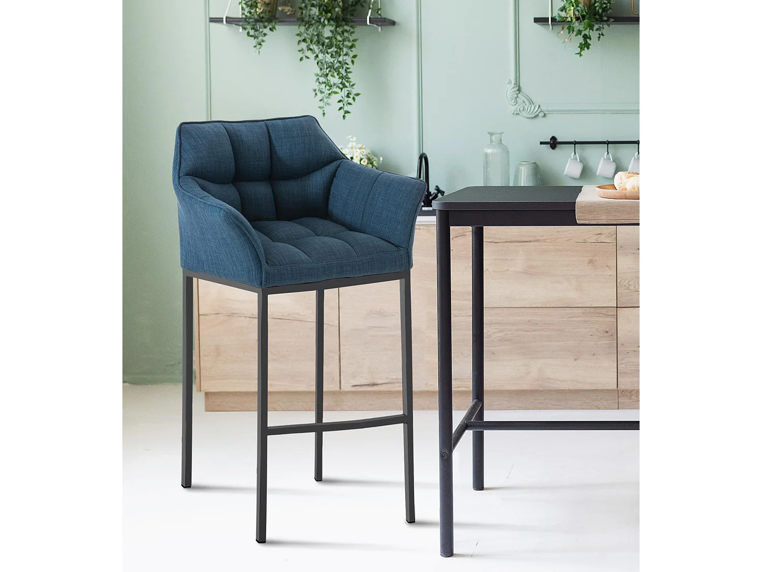 Tabouret de bar - Tissu & Noir - Bleu - Damaso