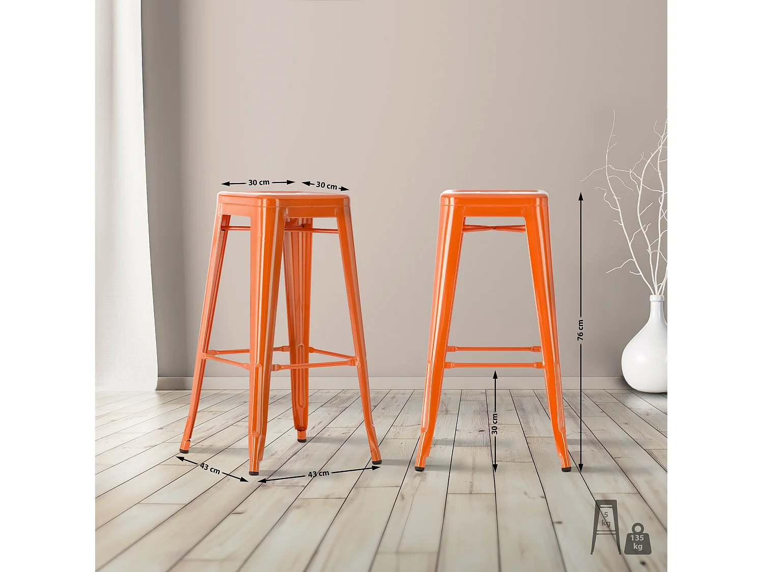 Lot de 2  Tabouret de bar - Métal - Orange - Joshua