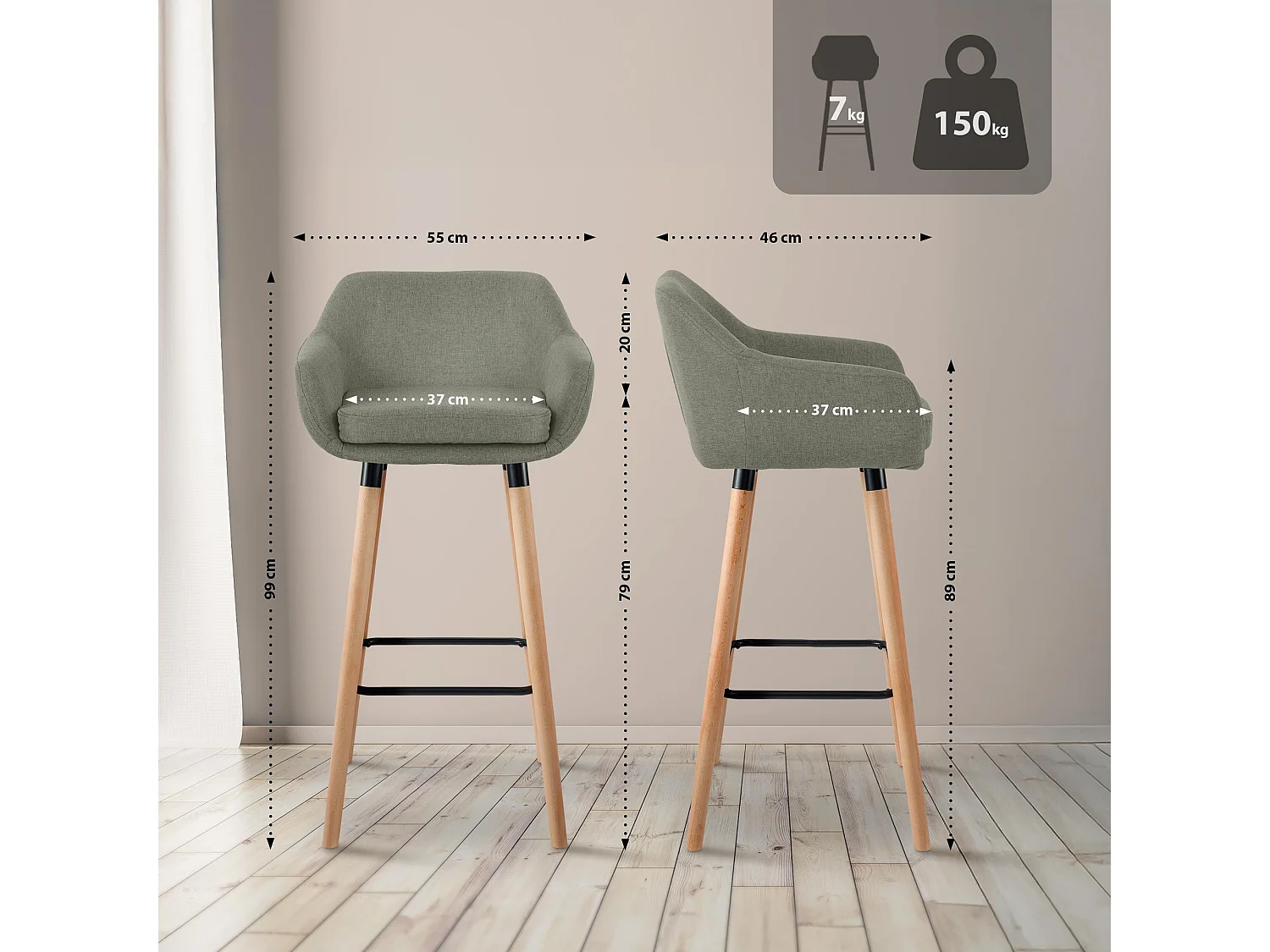 Lot de 2  Tabouret de bar - Tissu - Gris clair - Grant