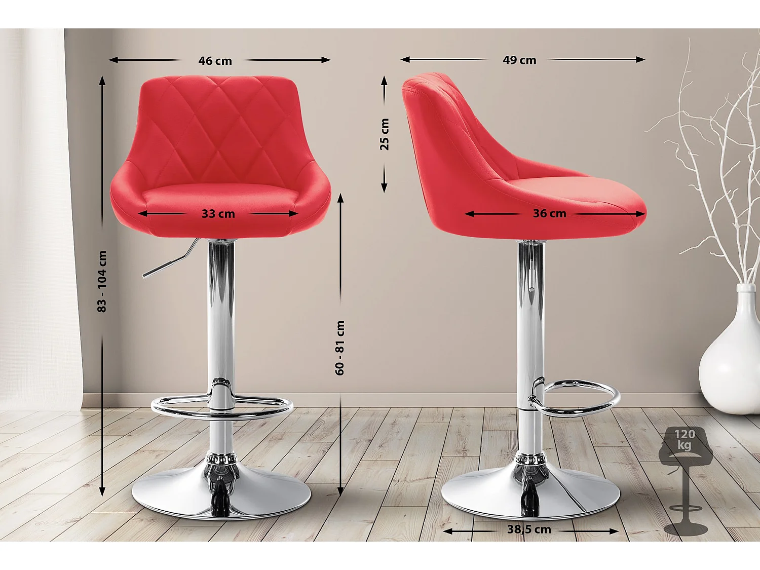 Tabouret de bar - Similicuir & Chrome - Rouge - Lazio