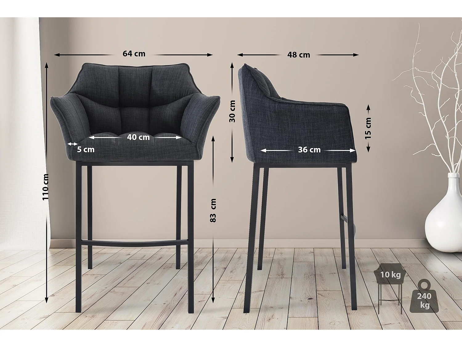 Tabouret de bar - Tissu & Noir - Gris foncé - Damaso