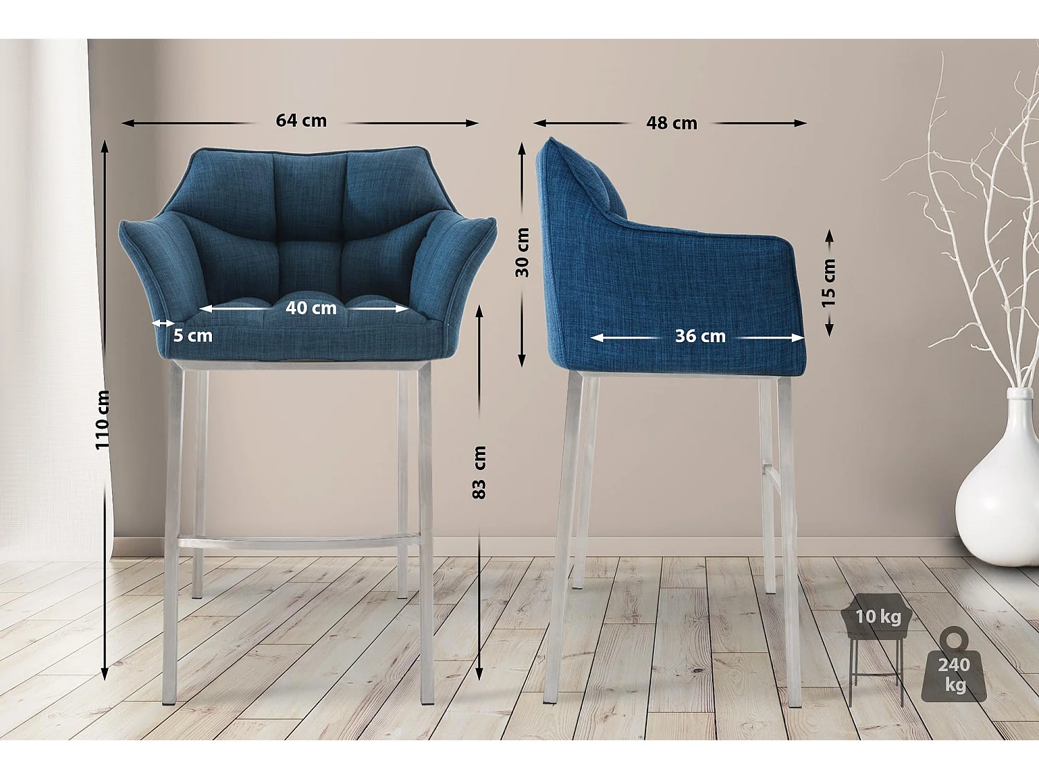 Barhocker - Stoff & edelstahl - blau - Damaso