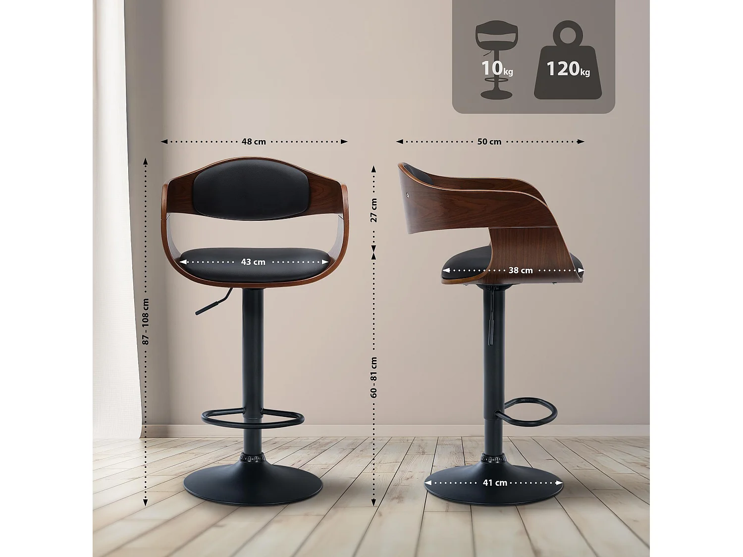 Tabouret de bar - Similicuir - Noyer / Noir - Kingston