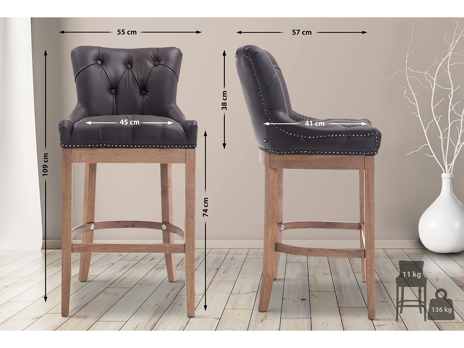 Taburete de bar - Cuero auténtico & Madera - Marrón - Lakewood