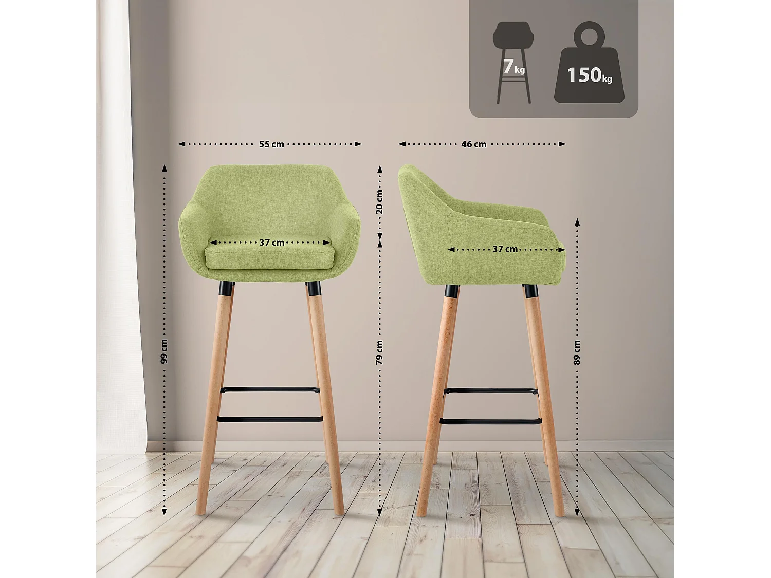 Tabouret de bar - Tissu - Vert clair - Grant