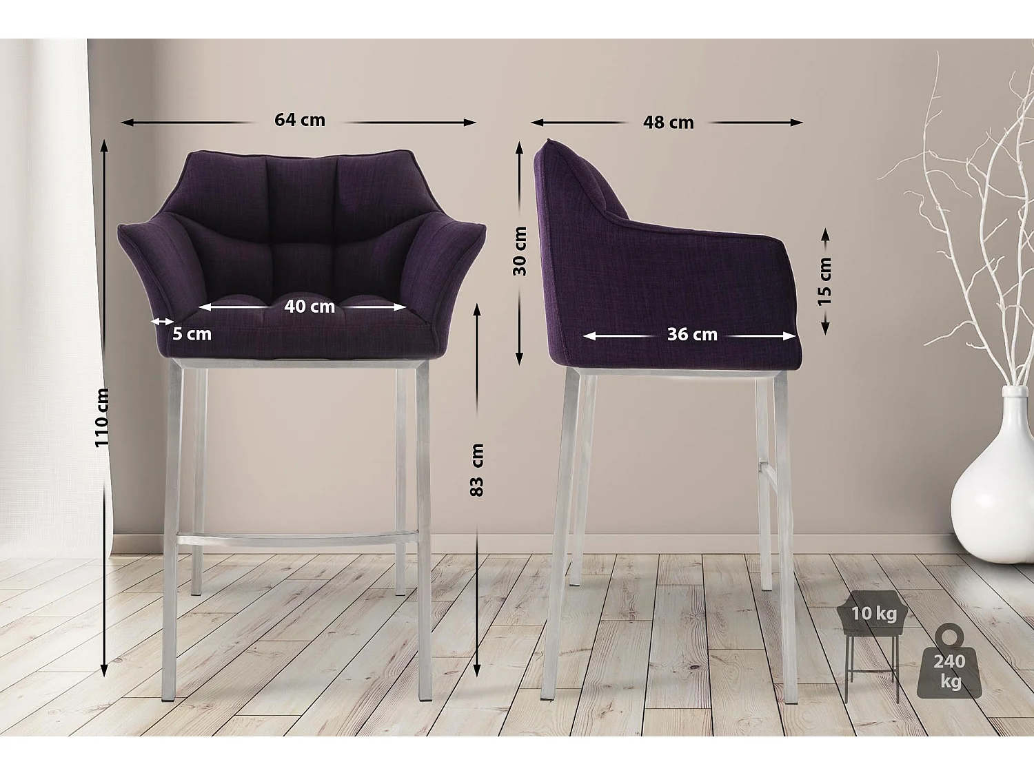 Barhocker - Stoff & edelstahl - lila - Damaso