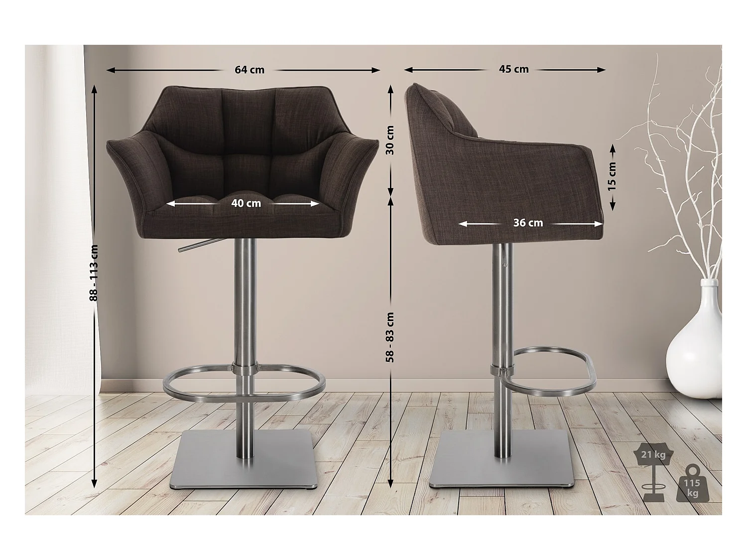 Tabouret de bar - Tissu & Acier inoxydable - Marron - Damaso