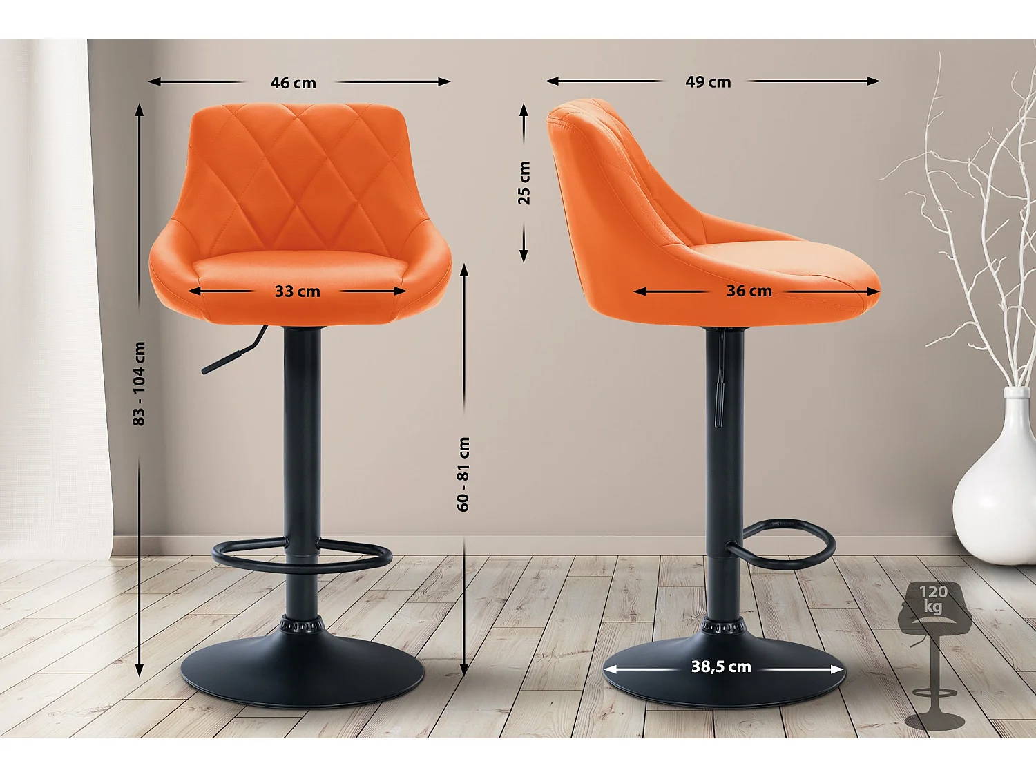 Tabouret de bar - Similicuir & Noir - Orange - Lazio