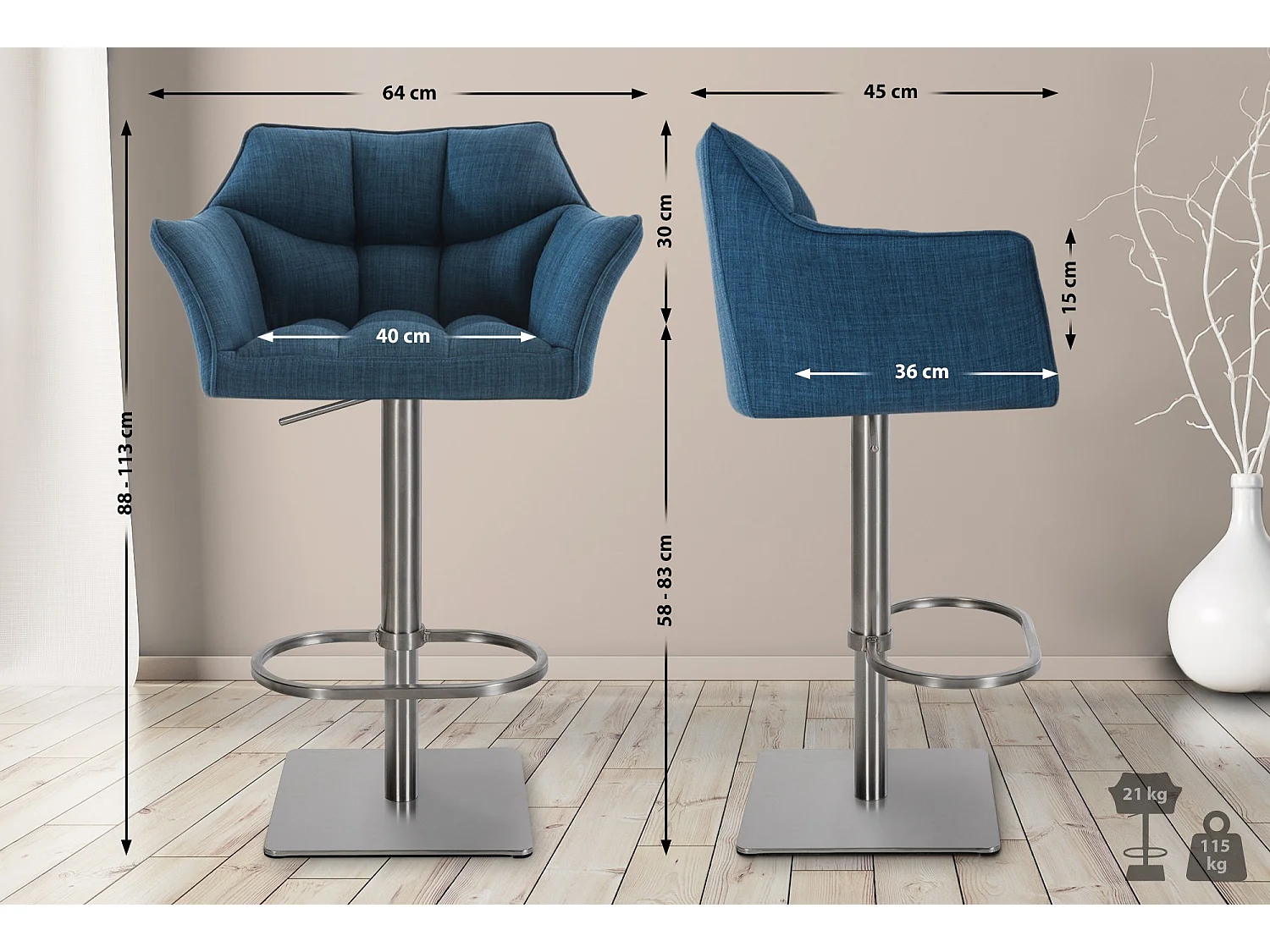Tabouret de bar - Tissu & Acier inoxydable - Bleu - Damaso