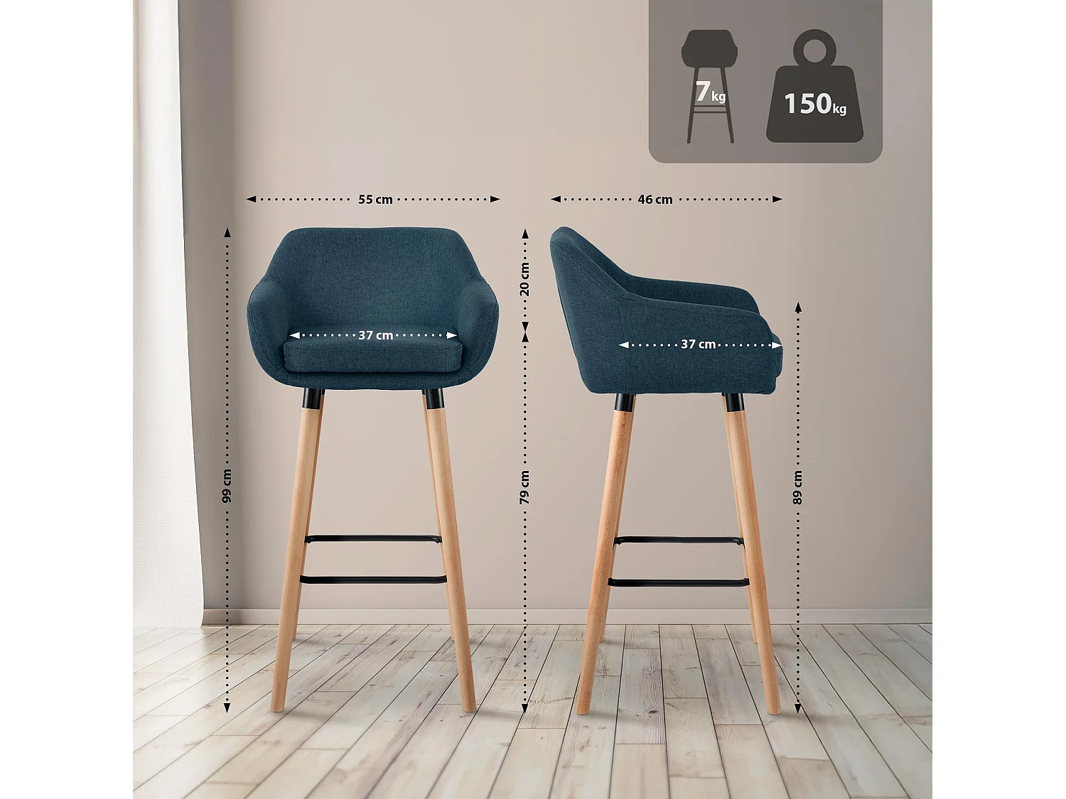 Tabouret de bar - Tissu & Noir - Bleu - Grant