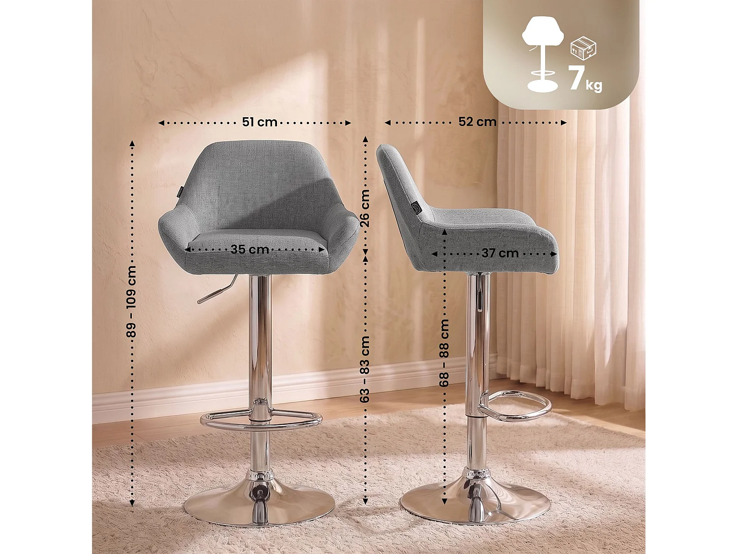 Lot de 2  Tabouret de bar - Tissu & Chrome - Gris - Braga