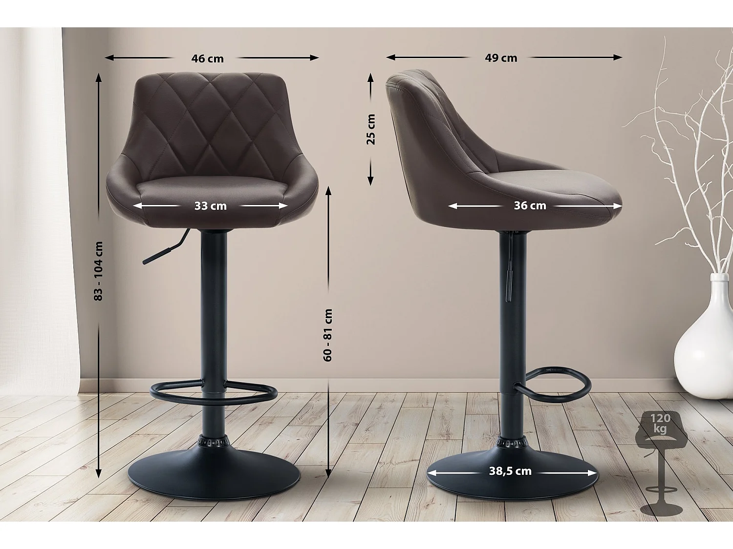 Tabouret de bar - Similicuir & Noir - Marron - Lazio