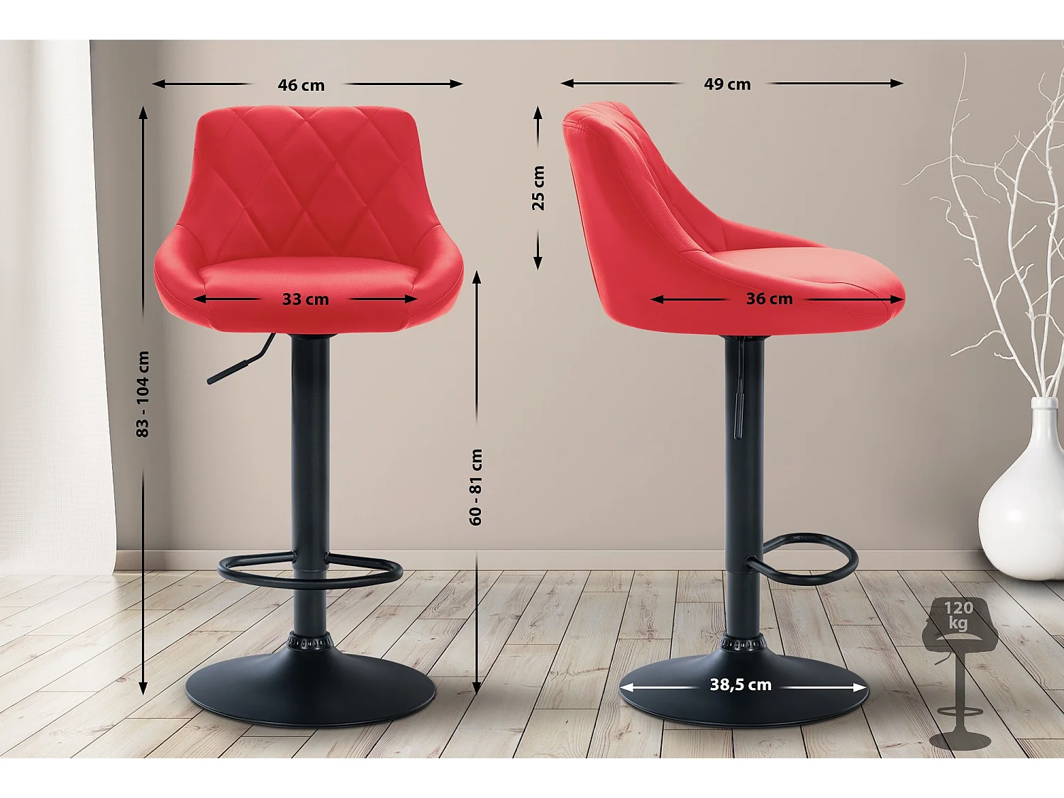 Tabouret de bar - Similicuir & Noir - Rouge - Lazio