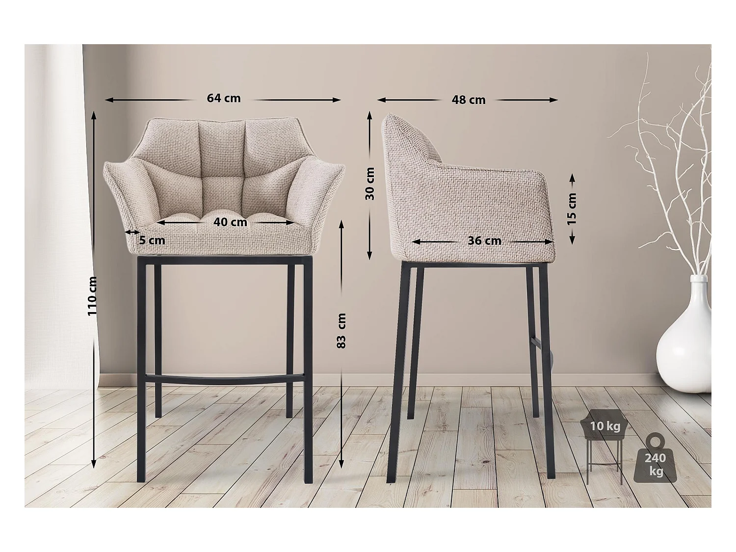 Tabouret de bar - Tissu & Noir - Ivoire - Damaso