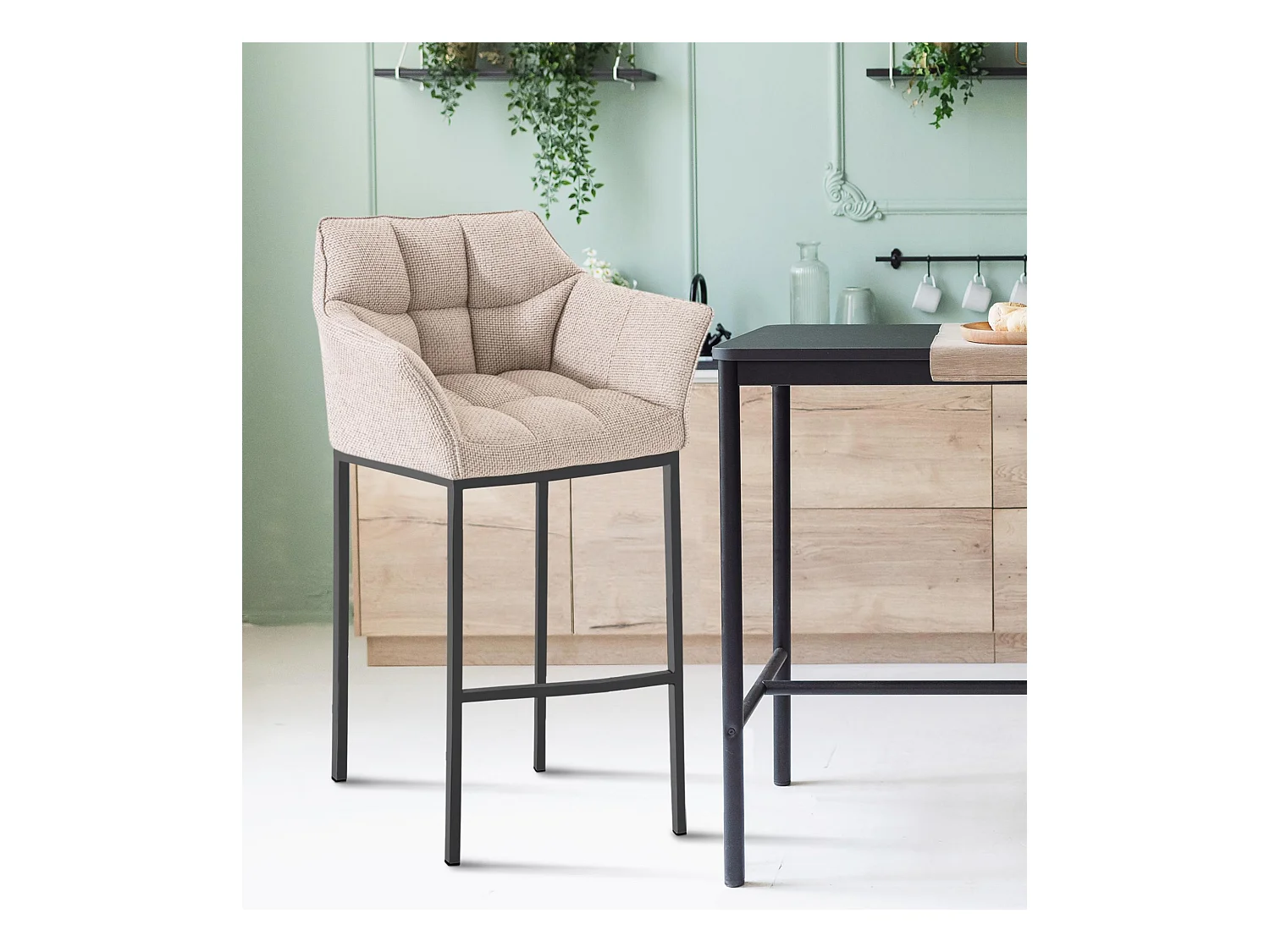 Tabouret de bar - Tissu & Noir - Ivoire - Damaso