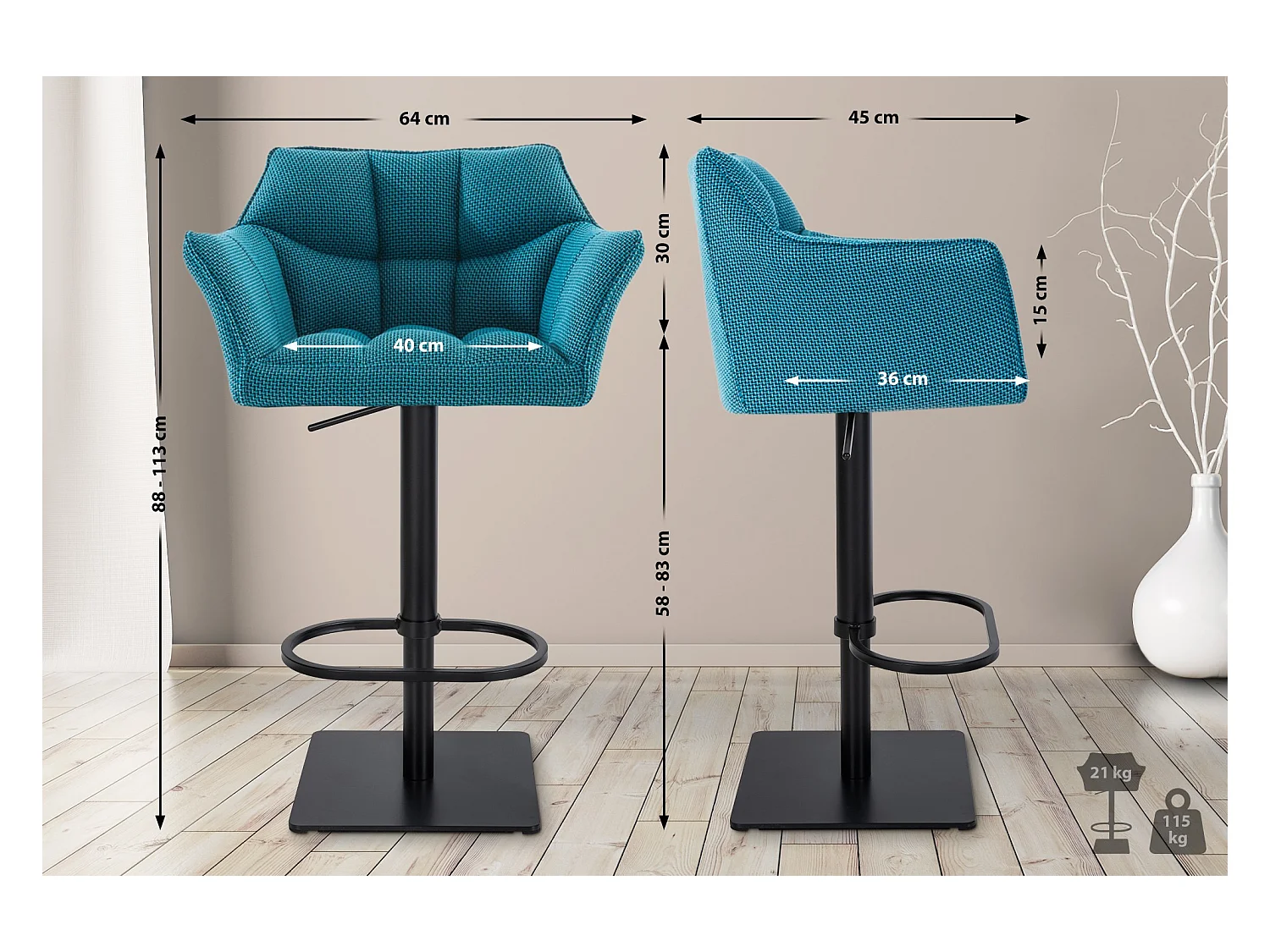 Barkruk - Stof & zwart - turkis - Damaso