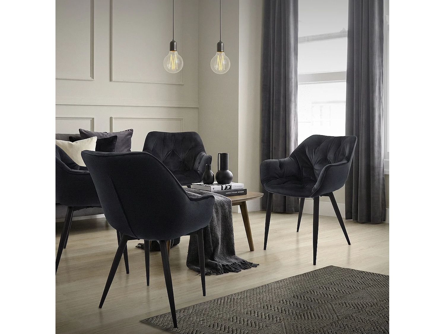 Lot de 4 chaises de salle à manger assise noir en velours pieds métallique noir