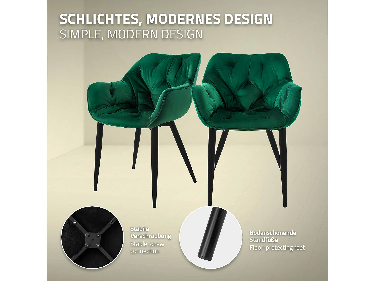 Lot de 4 chaises de salle à manger assise vert foncé en velours pieds métal noir